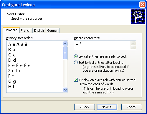 Configure Lexicon Wizard: Sort Orders & Upper-Lower Case Associations