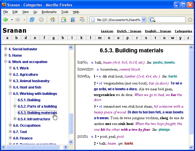 Lexicon exported to web page by categories