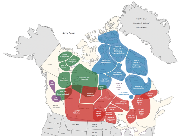 Map of the distribution of languages that use Canadian Syllabics. 