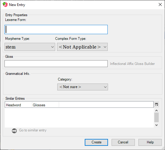 Image of FieldWorks "New Entry" dialog box.