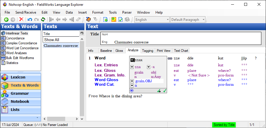 Image of FieldWorks "Analyze" tab in Texts & Words.