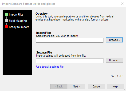 Image of FieldWorks "Import SFM words and glosses" dialog box