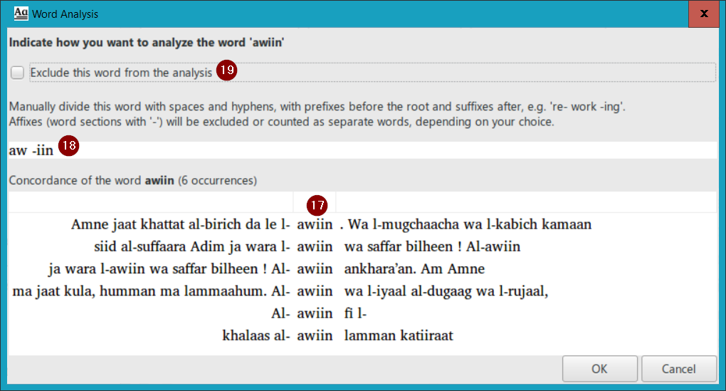 Word analysis dialog