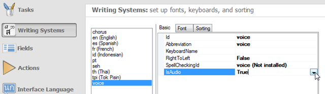 Configuration tool, Writing Systems section