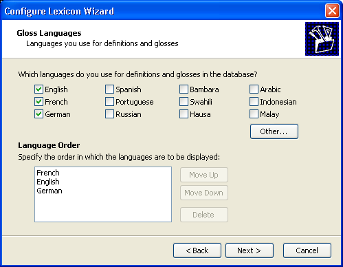 Configure Lexicon Wizard: Languages