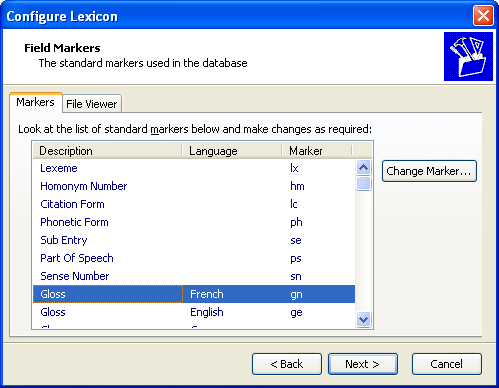 Configure Lexicon Wizard: Field Markers