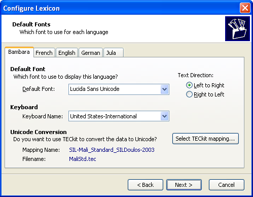 Configure Lexicon Wizard: Fonts & Text Direction