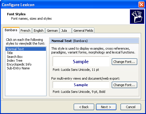 Configure Lexicon Wizard: Font Styles