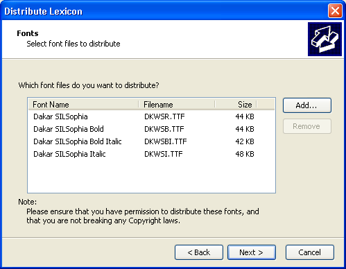 Distribute Lexicon Wizard: Fonts