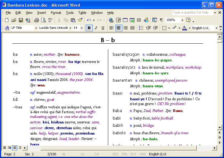Lexicon exported to Word document
