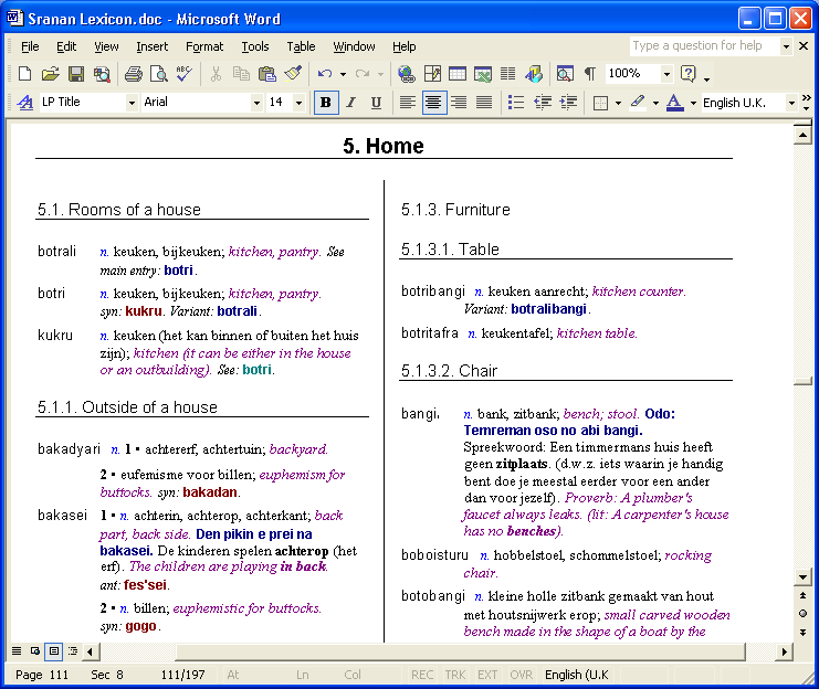 Classified dictionary exported to Word document