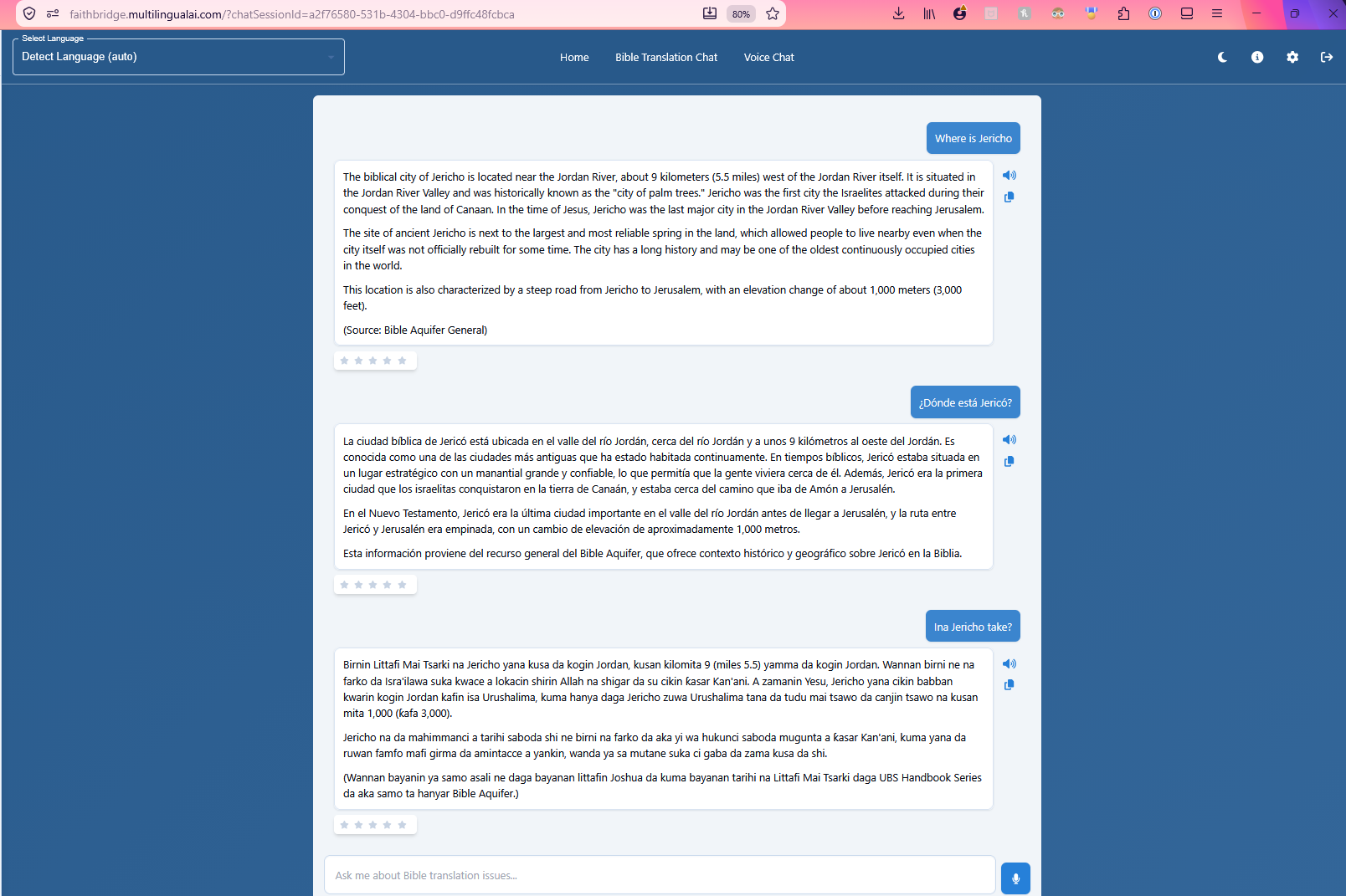Example of the same question asked of FaithBridge in English, Spanish, and Hausa
